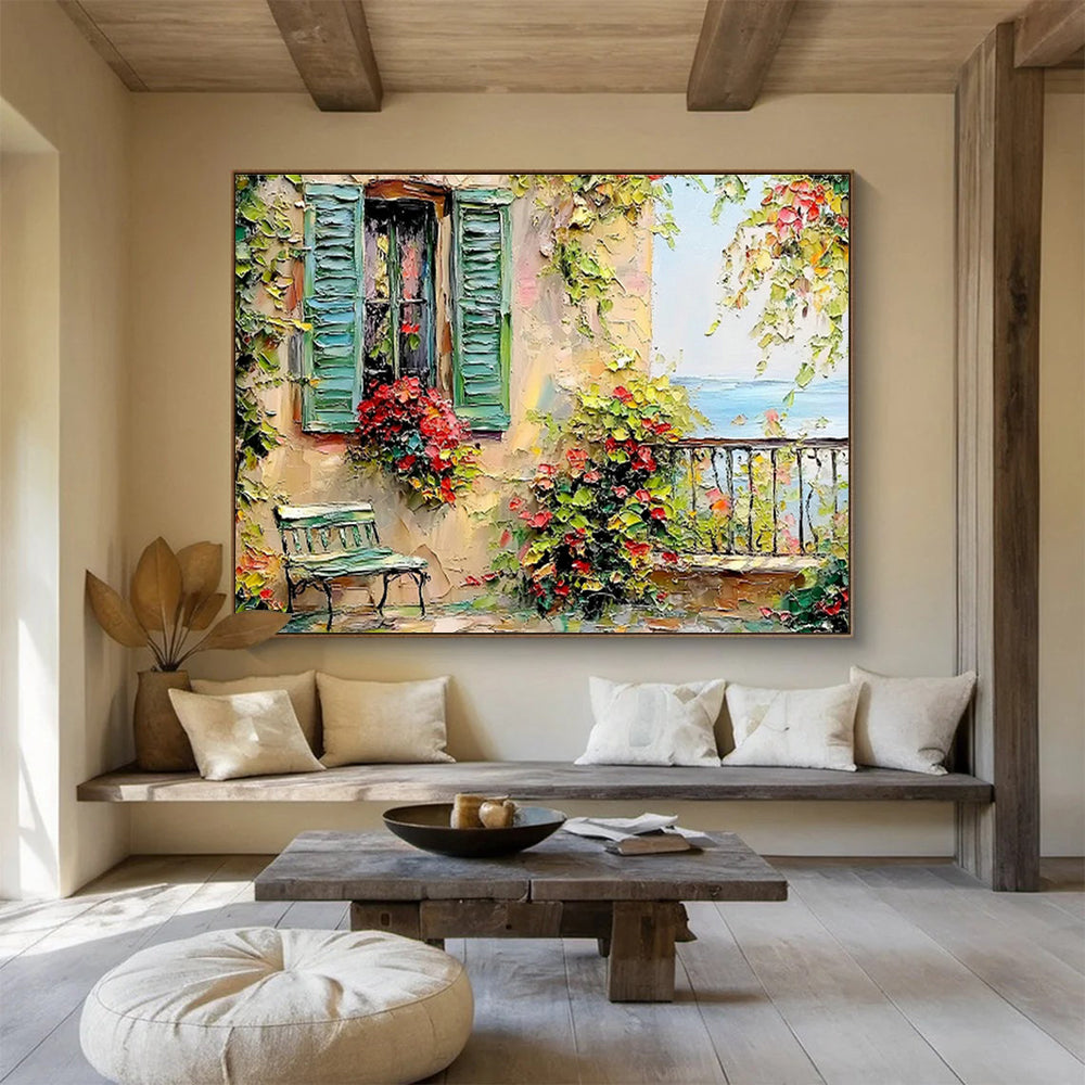 Coastal Cottage with Flower Boxes Art for Charming Nautical - Themed Cafés DLZ3076