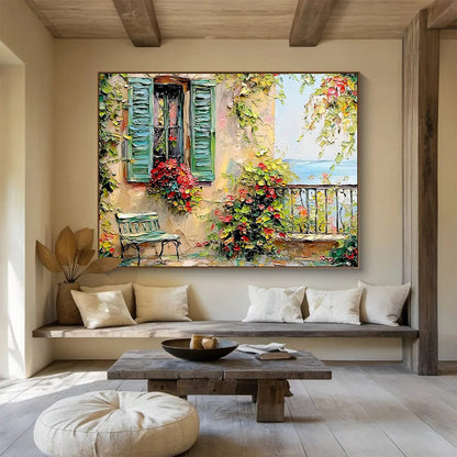 Coastal Cottage with Flower Boxes Art for Charming Nautical - Themed Cafés DLZ3076