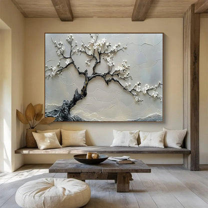 Textured White Blossom Tree Relief Art for Zen - Inspired Entryways DLZ3079