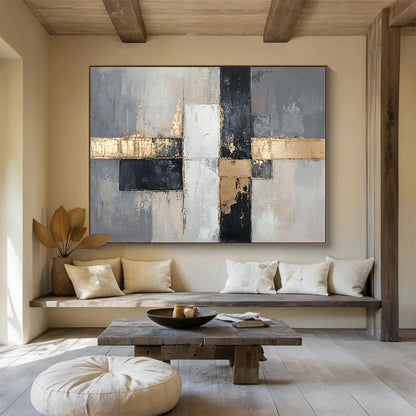 Gray - Gold Geometric Abstract Art for Luxury Condo Living Room & High - End Art Boutique SC247