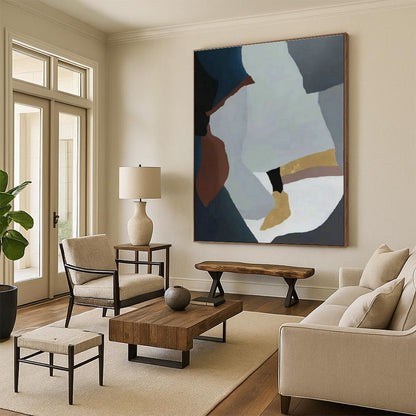 Geometric Abstract Art with Gray, Blue, Gold & Brown for Office Building & Home Entrance DLZ0565