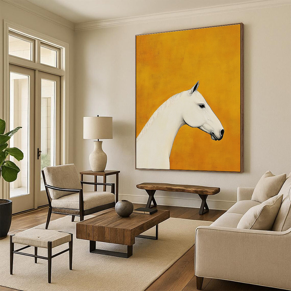 White Horse on Orange Art for Equestrian Home & Modern Art Gallery STSC1090