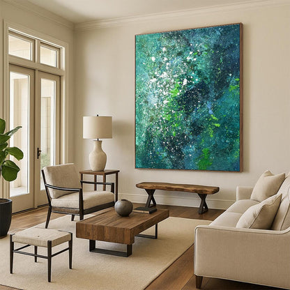 Blue and Green Splatter Abstract Art for Coastal Restaurant & Bohemian Home Bedroom DLZ1593