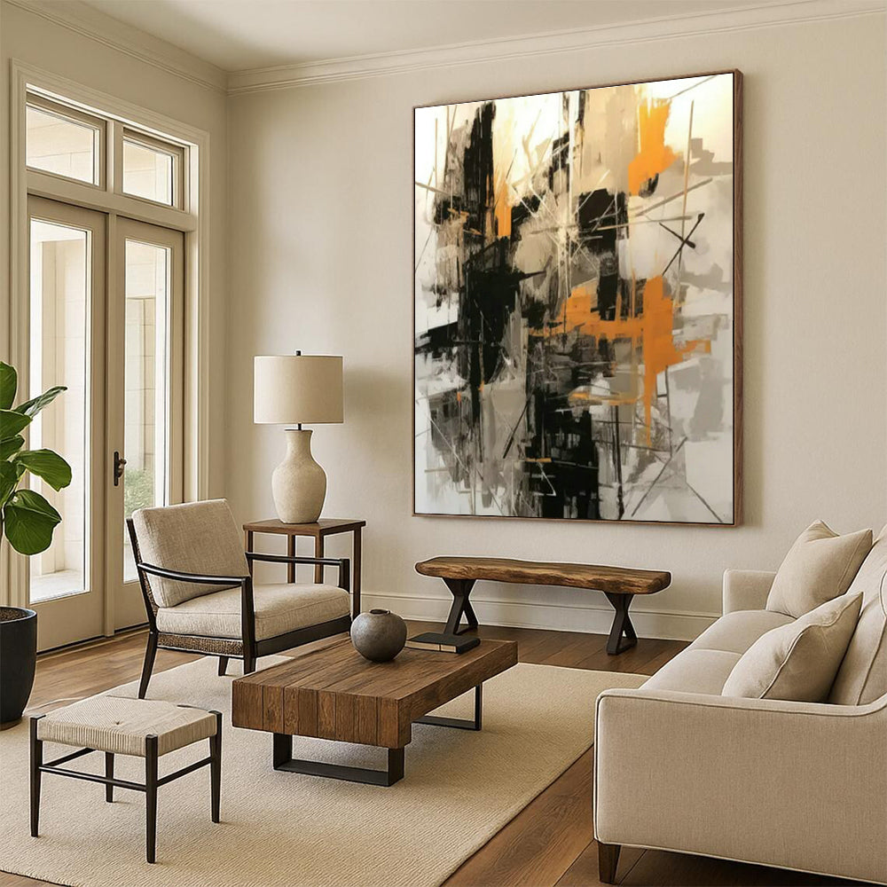 Black - White - Orange Abstract Art for Industrial - Chic Café & Edgy Home Studio DLZ1703