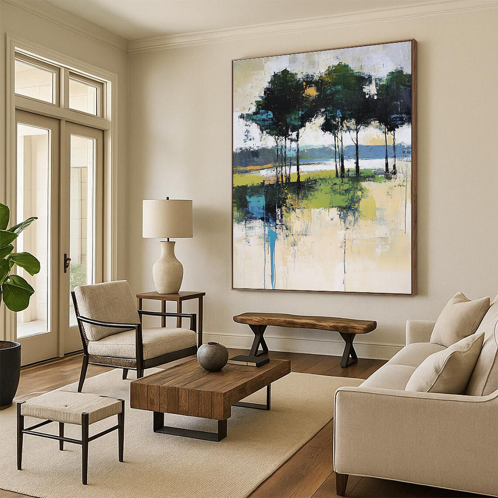 Abstract Tree - Lined Waterfront Art for Lakeside Cottage & Art - Loving Home Office STSC118
