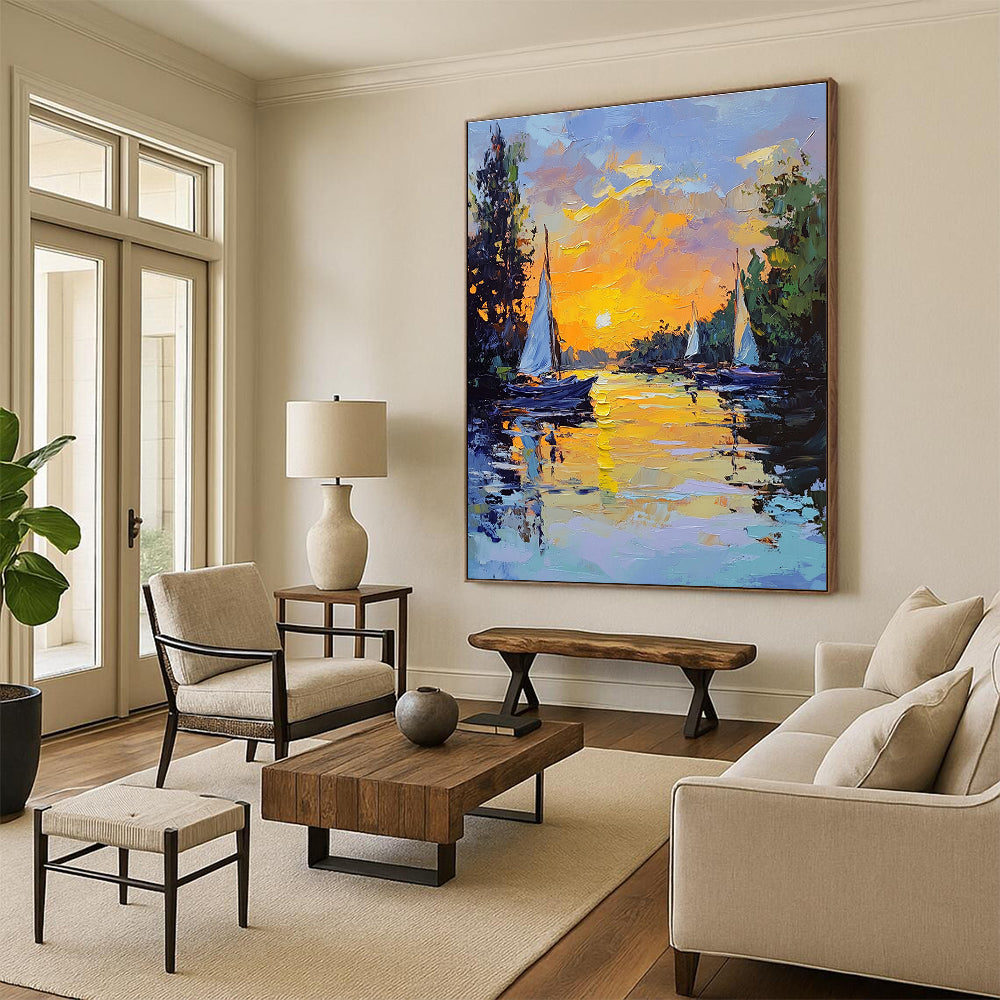 Sunset Sailboats on River Art for Riverside Restaurant & Relaxing Home Balcony STSC1419
