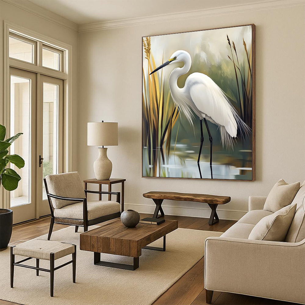 White Egret in Reed Bed for Coastal Home Living Room & Bird - Watching Club STSC1293
