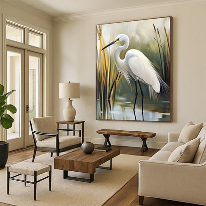 White Egret in Reed Bed for Coastal Home Living Room & Bird - Watching Club STSC1293