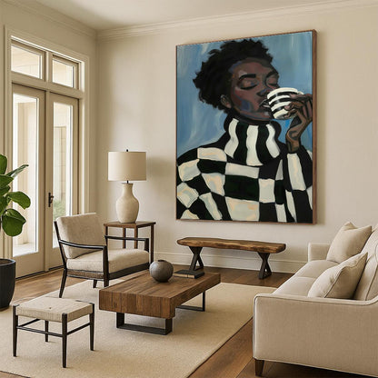 Black - White Checkered Figure Drinking Art for Café Corner & Modern Kitchen DLZ0701