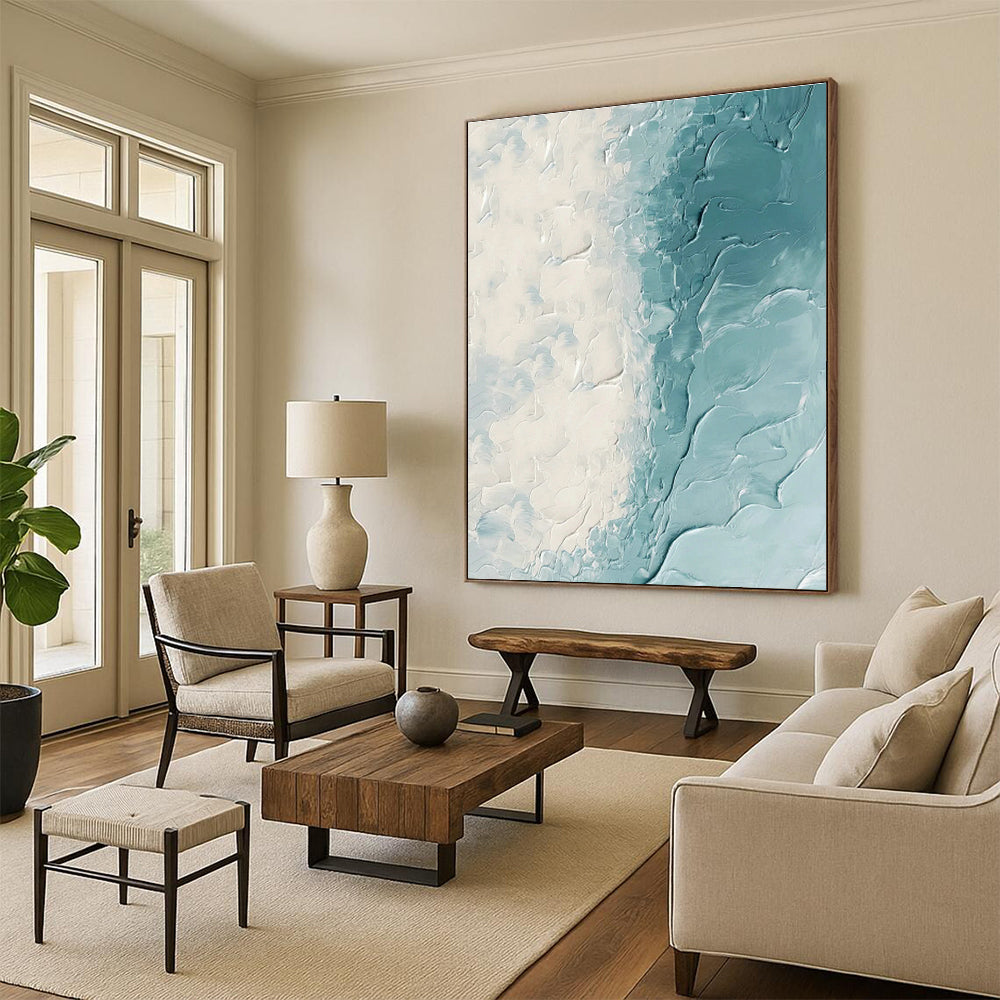 White - Blue Textured Abstract Art for Beachfront Café & Yoga Studio DLZ1257