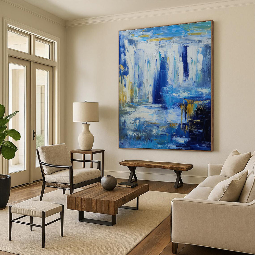 Blue - Gold Waterfall Oil Painting for Luxury Hotel Lobby & Nature - Lover’s Home Office DLZ1339