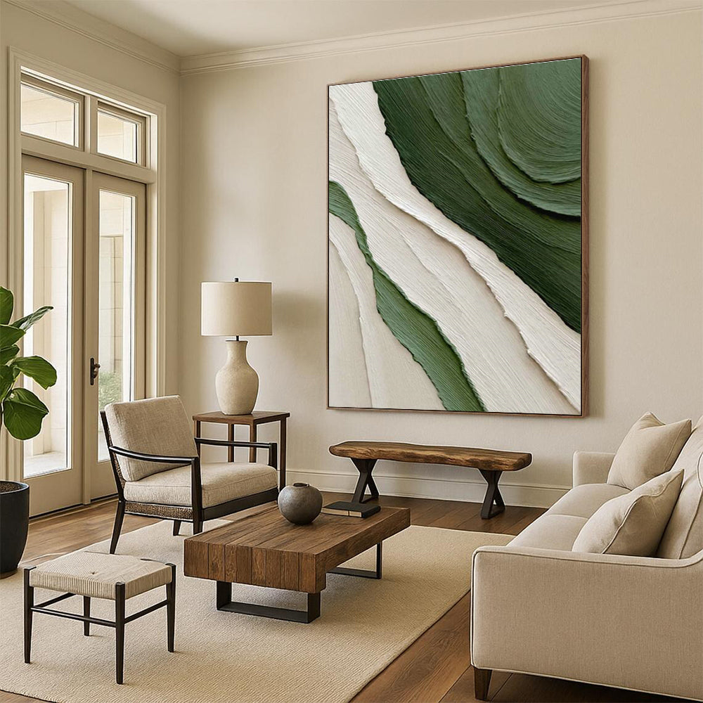 Green and White Textured Waves Art for Modern Beach House & Eco - Friendly Caf茅 DLZ2181