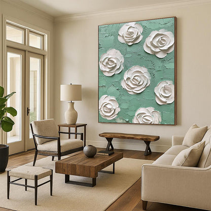 Textured White Roses on Green Art for Romantic Bedroom & Floral - Themed Café STSC1350