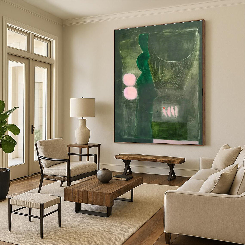 Dark Green - Pink Circle Art for Intimate Wine Bar Alcoves DLZ0136