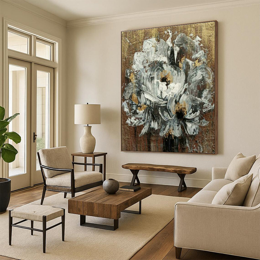 White Flowers with Gold Art for Luxury Home Bedroom & Art - Loving Spa DLZ2107
