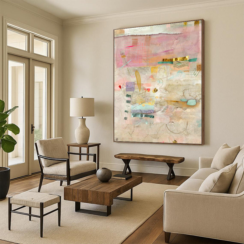 Pink - Gold Collage Abstract Art for Luxury Hotel Lobby Seating Areas DLZ0084