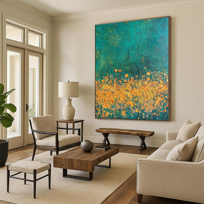 Yellow Flowers on Teal Art for Garden - Themed Café & Nature Lover’s Bedroom STSC1110