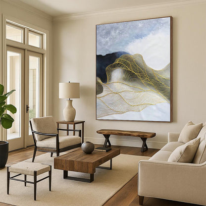 White - Blue with Gold Waves Abstract for Spa & Luxury Home DLZ0574