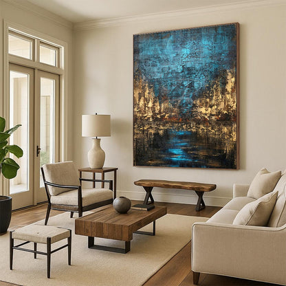 Blue and Brown Urban Nightscape Art for Industrial - Chic Loft & City - Themed Bar DLZ0744