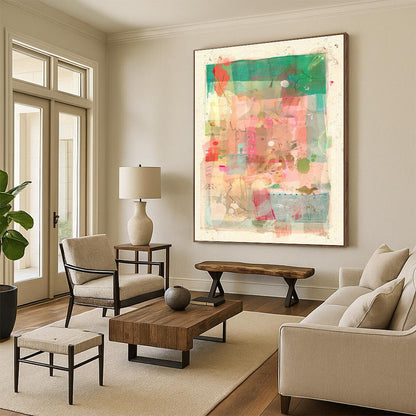 Pink - Green Collage Art for Boho - Chic Café Indoor Seating DLZ0171