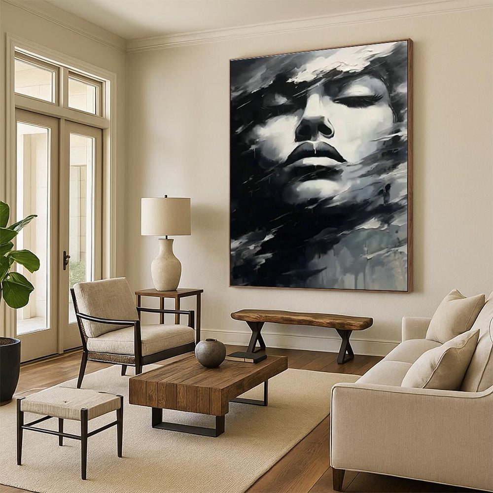 Black and White Abstract Face Art for Modern Art Gallery & Edgy Home Office DLZ1543
