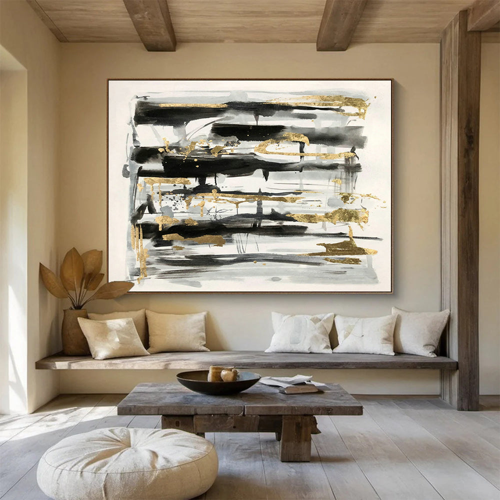 Black - Gray - Gold Abstract Art for Luxury Hotel Lobby Feature Walls DLZ3230