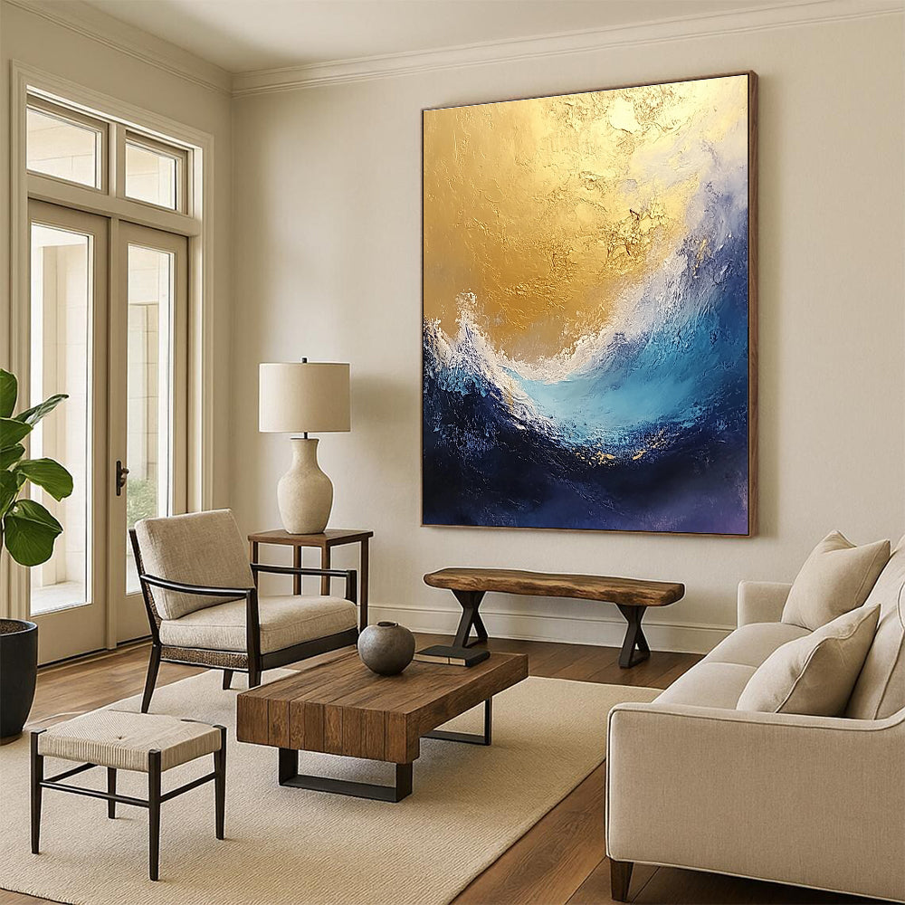 Gold and Blue Abstract Wave 2 for Coastal Resort Spa & High - End Art Gallery STSC334