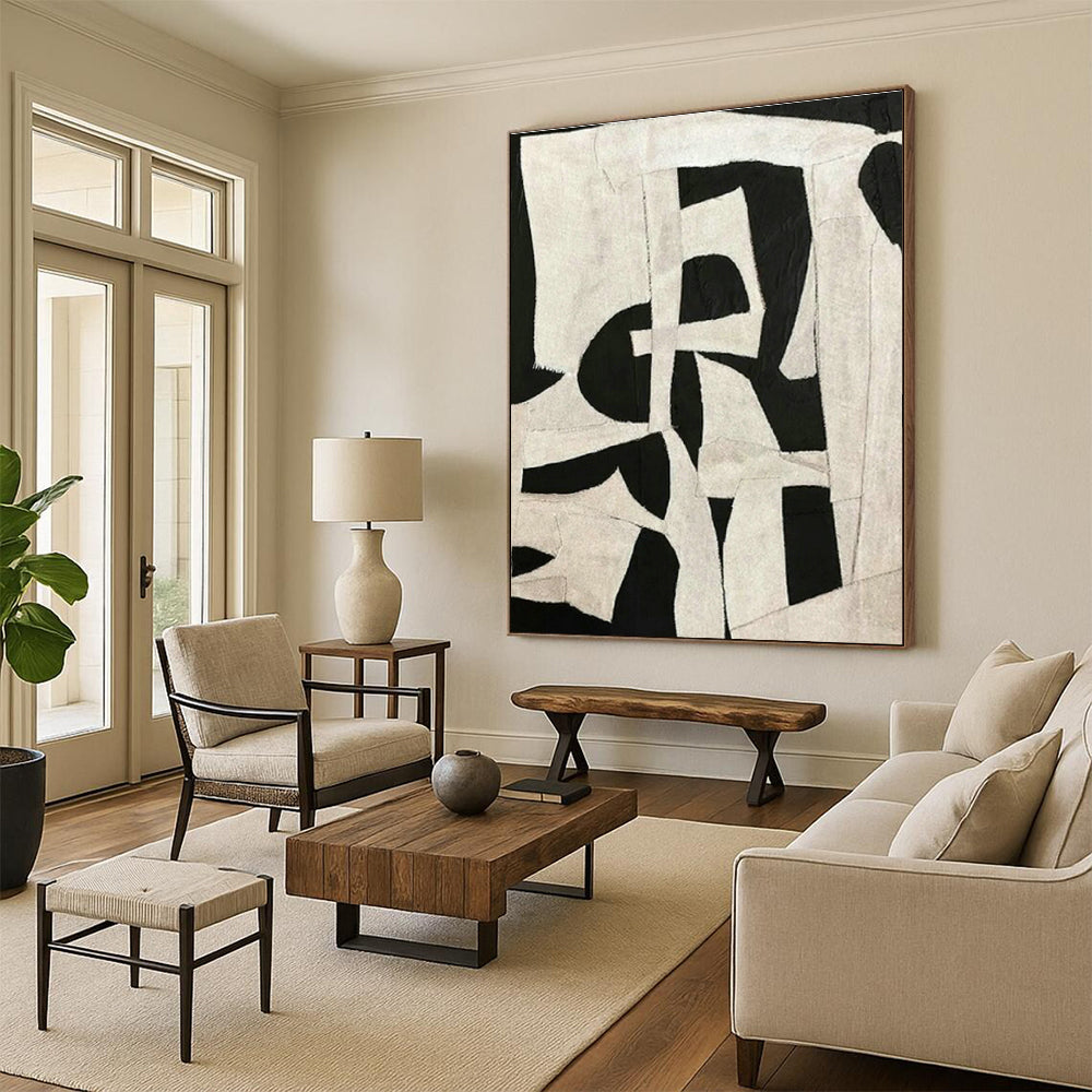 Black - White Collage Abstract Art for Industrial Loft & Home Dining Room DLZ1144