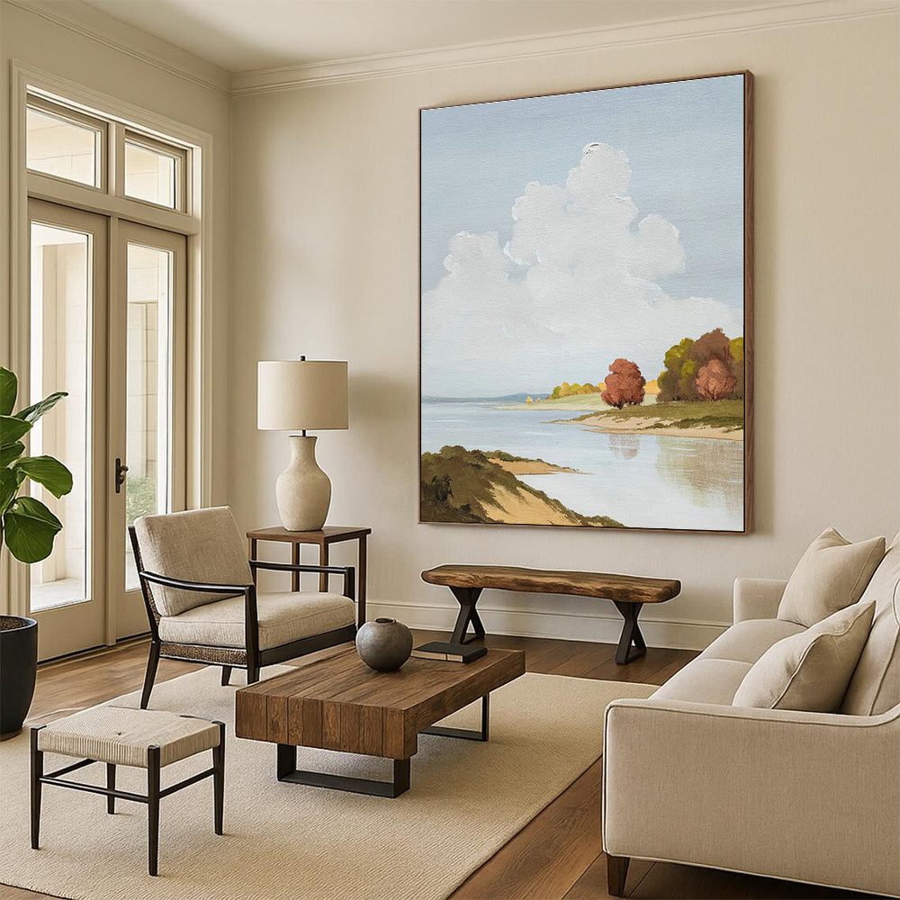 Riverbank Cloudscape Art for Lakeside Home Study & Serene Spa DLZ2136