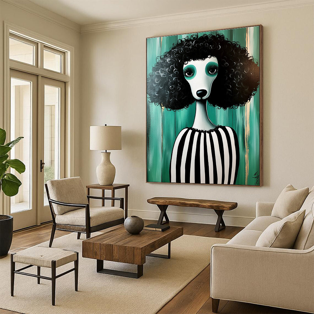 Curly - haired Poodle in Stripes for Quirky Pet Café & Eclectic Home Living Room STSC1000