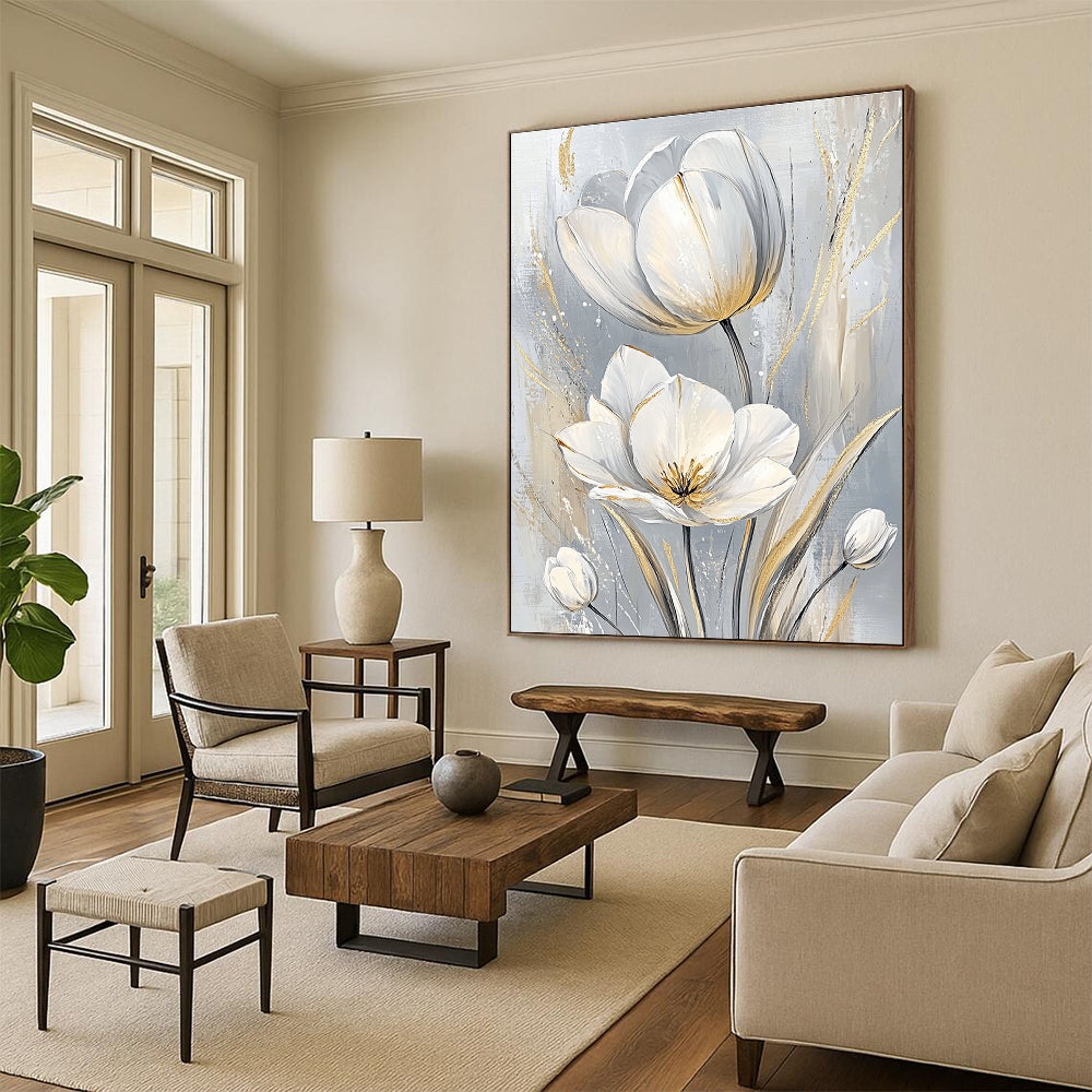 White Tulips with Gold Elegant Floral Art for Luxury Hotel Suite & Sophisticated Home Dining Room STSC1480