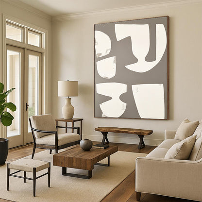 White Shapes on Gray Abstract Geometric Art for Modern Home Office & Minimalist Art Gallery STSC1491