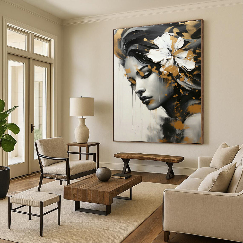Gold - White Flower Female Portrait for Luxury Beauty Salon & Art - Inspired Home DLZ1822