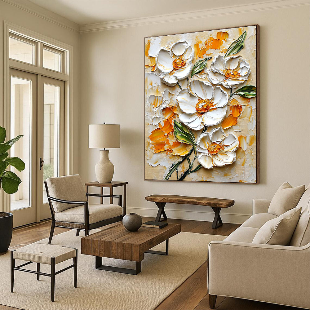 Textured White Flowers Art for Floral - Themed Spa & Elegant Dining Room STSC1397