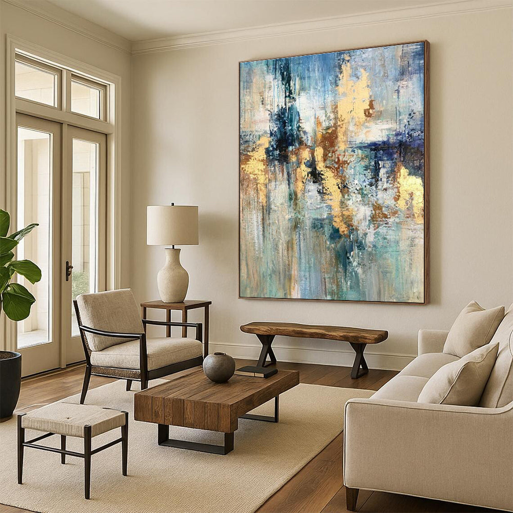 Blue - Gold Fusion Abstract Art for Luxury Hotel Lobby & Art Gallery DLZ0630