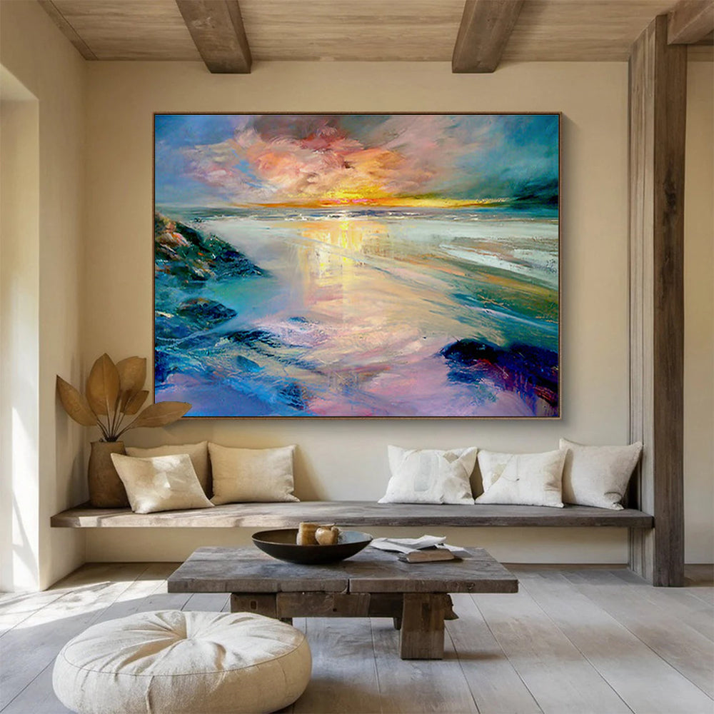 Beach Sunset Oil Painting for Coastal Home Living Room Fireplaces DLZ2597