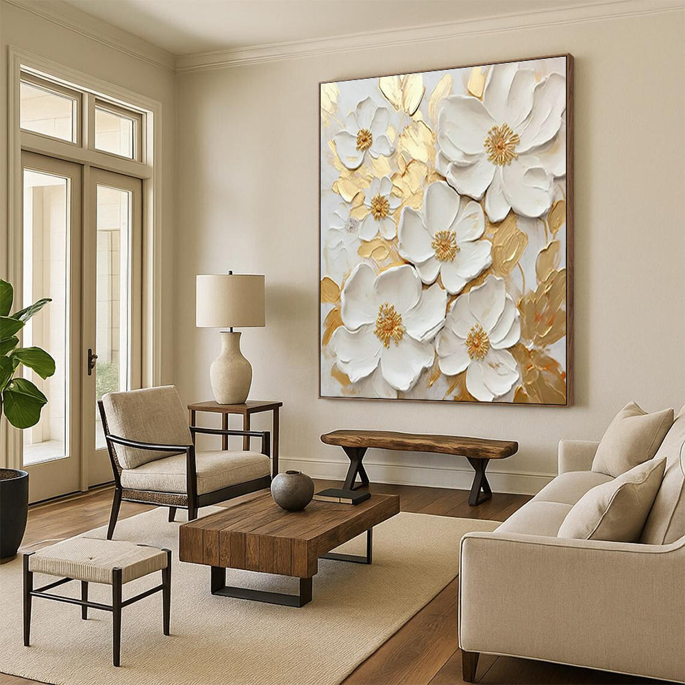 3D Floral Gold - White Art for Luxury Wedding Venue & Elegant Home Entryway DLZ1503