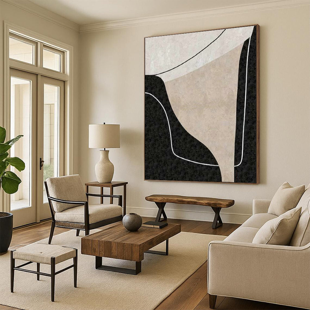Beige - Black Abstract Curves Art for Contemporary Living Room & Art Studio DLZ2071
