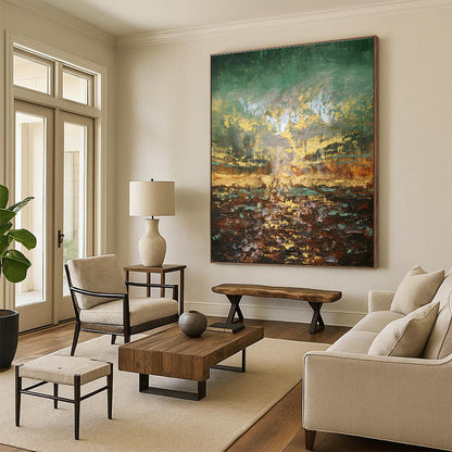 Green - Gold Landscape Abstract Art for Living Room & Garden Room DLZ0448