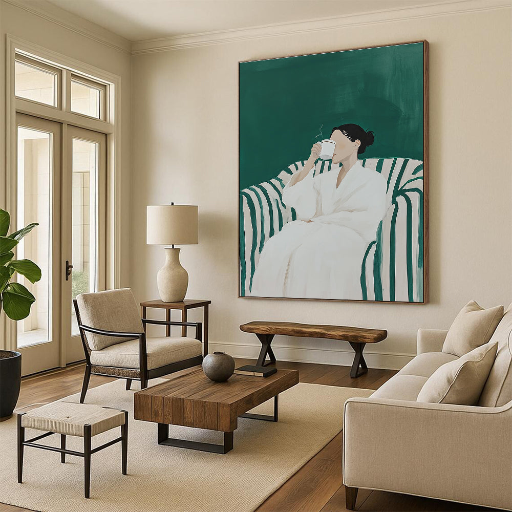 Woman in White Robe Drinking for Cozy Reading Nook & Modern Wellness Space STSC1122
