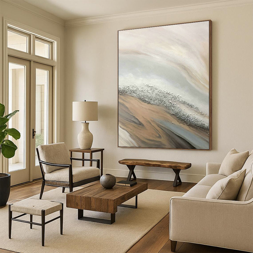Beige - Silver - Gold Wave Abstract Art for Coastal Home & Beachfront Restaurant DLZ1235