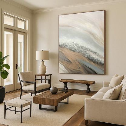 Beige - Silver - Gold Wave Abstract Art for Coastal Home & Beachfront Restaurant DLZ1235