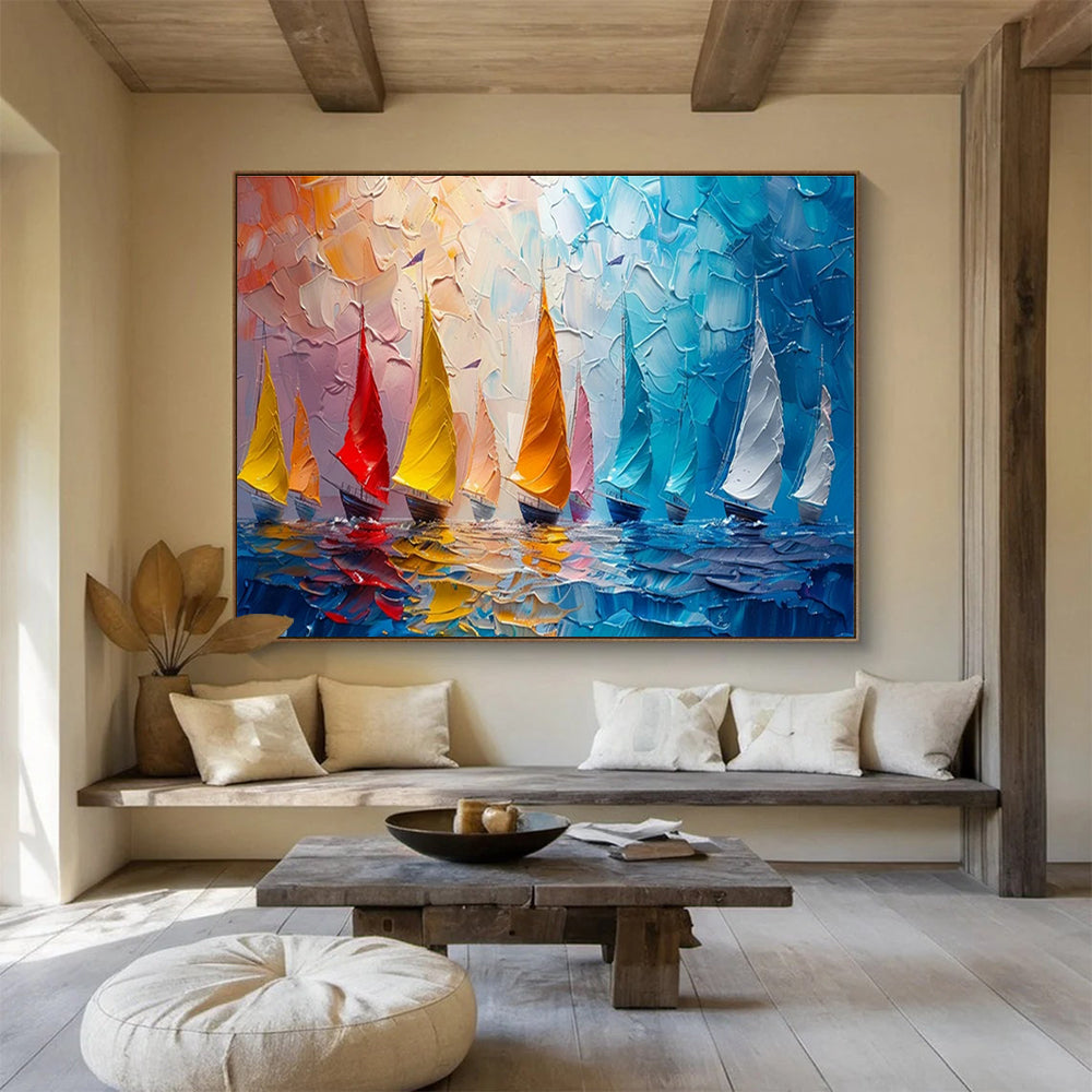 Colorful Sailboats Palette Knife Art for Nautical - Themed Yacht Club Dining Rooms DLZ3184