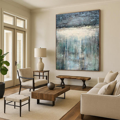 Blue - White Drip Abstract Art for Bohemian - Style Gallery & Serene Meditation Room DLZ0764