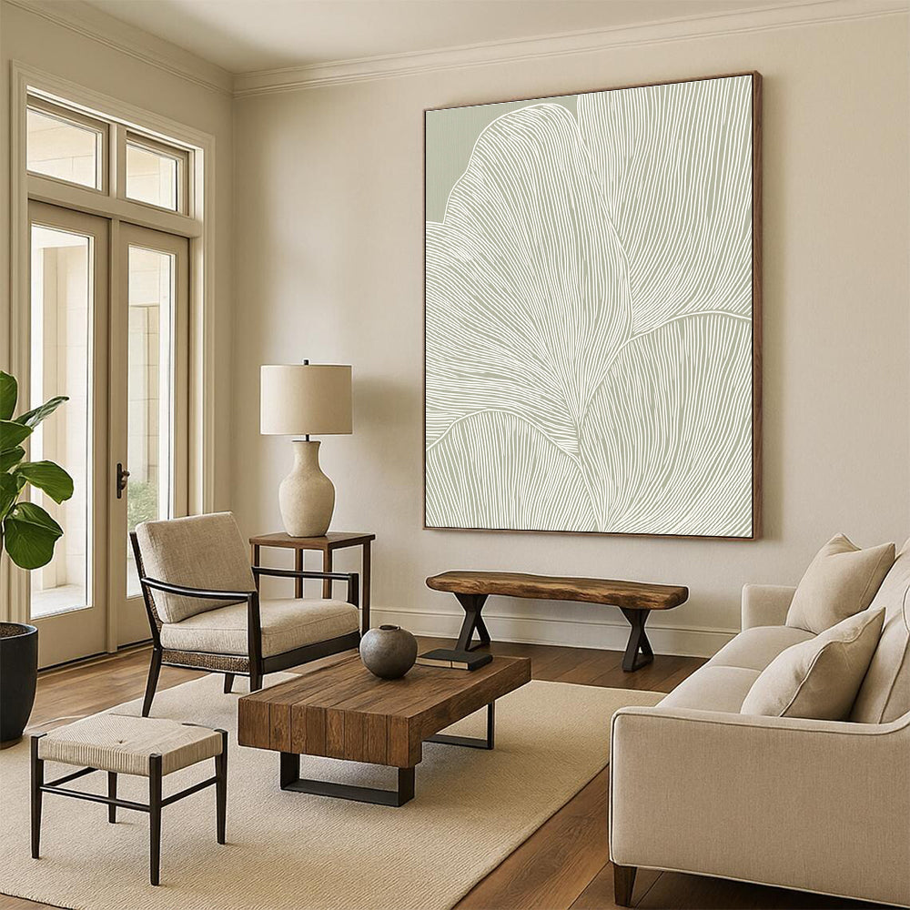 Line - Drawn Leaves on Green Minimalist Botanical Art for Scandinavian - Style Home & Calm Home Office STSC1483