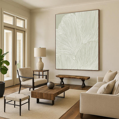 Line - Drawn Leaves on Green Minimalist Botanical Art for Scandinavian - Style Home & Calm Home Office STSC1483