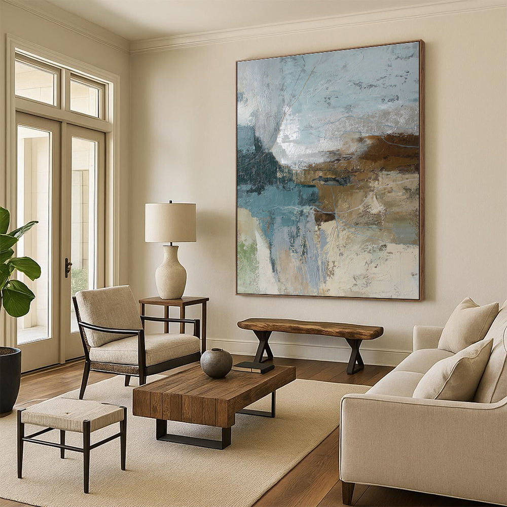 Blue, Brown, and Gray Abstract Art for Lakeside Cabin Living Room & Outdoor Adventure Club DLZ1019