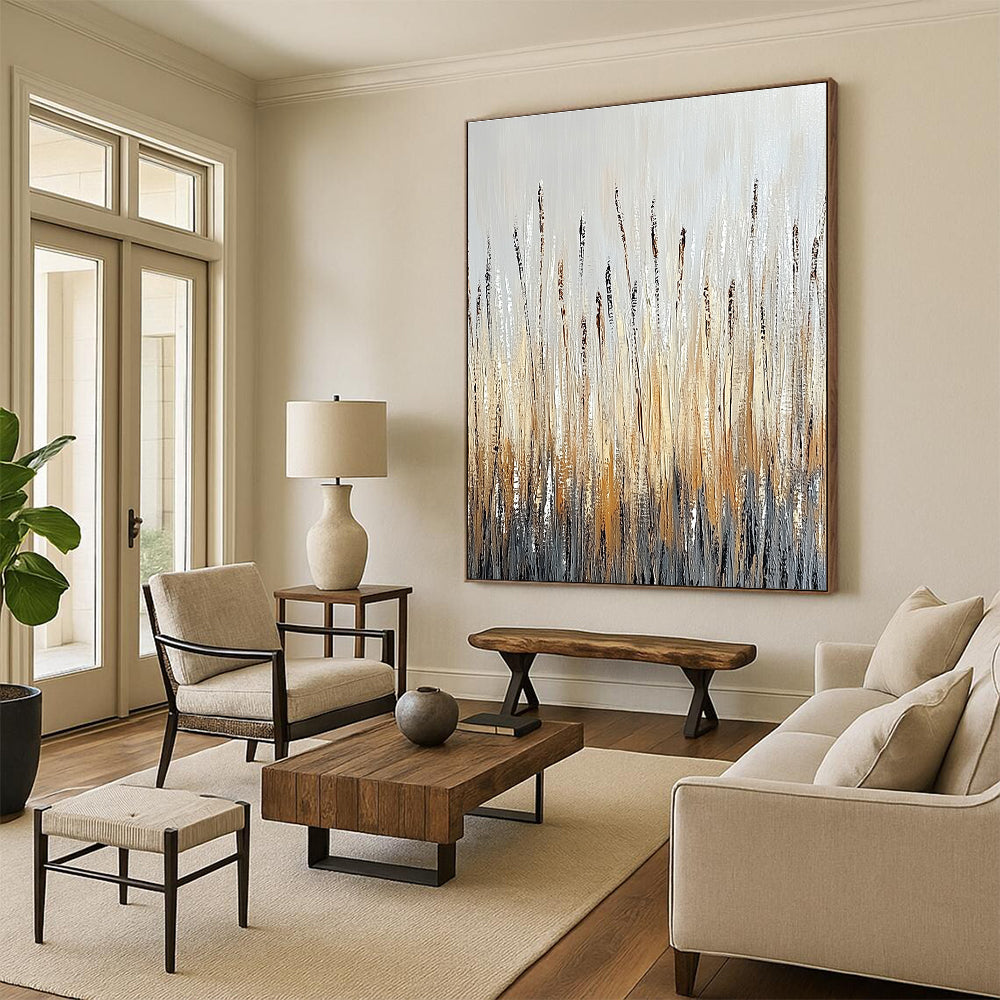 Silver and Gold Reed Abstract for Contemporary Lakeside Home & Sophisticated Dining Room STSC337