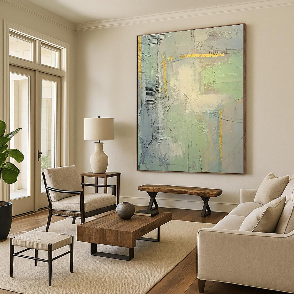 Light Green Abstract Art with Gold Patterns for Sunroom & Cafe DLZ0566