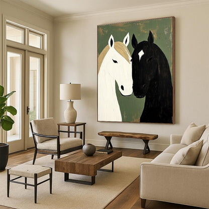 Black and White Horses  Minimalist Equine Art for Scandinavian - Style Home & Bohemian - Inspired Bedroom STSC1453